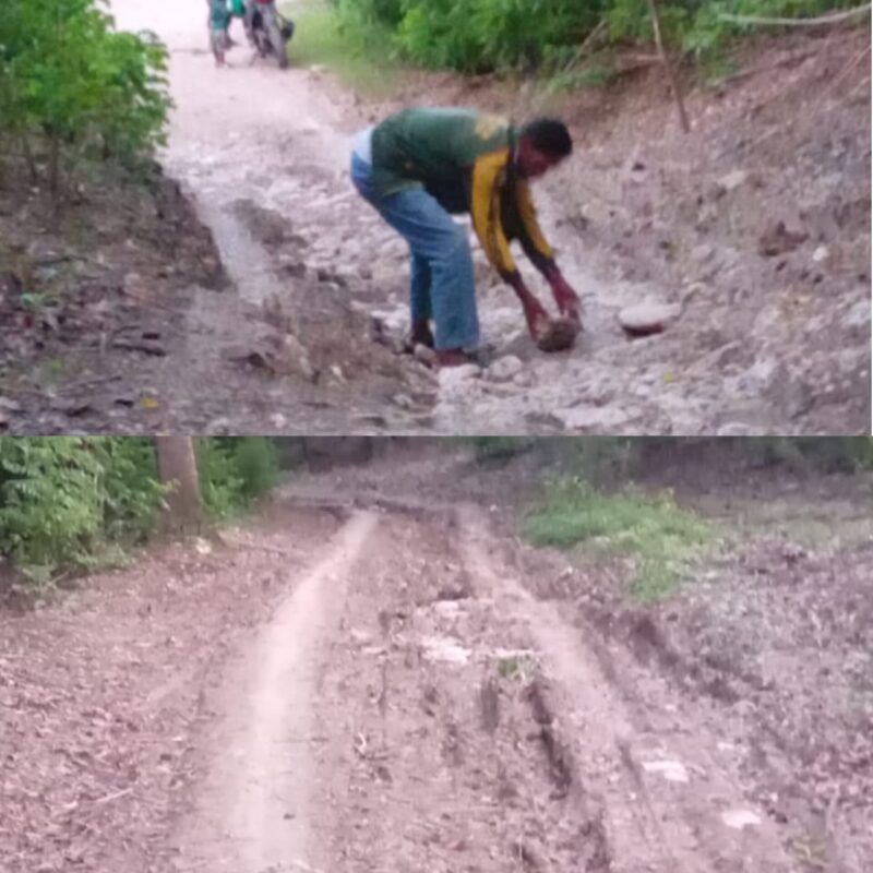 Warga menyusun batu untuk menutup lubang jalan yang rusak parah.(Foto: Istimewa)